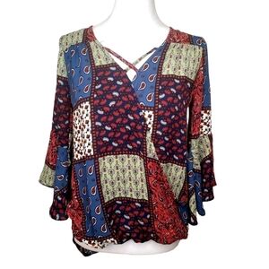 Moa Moa Women's Multicolor Patchwork Floral Print Blouse, Bell Sleeves Sz XS